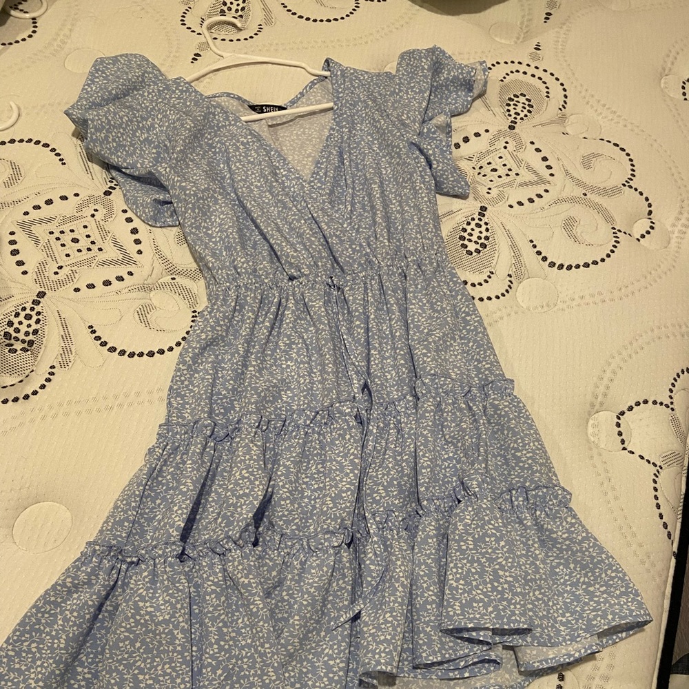 Blue and white floral print dress